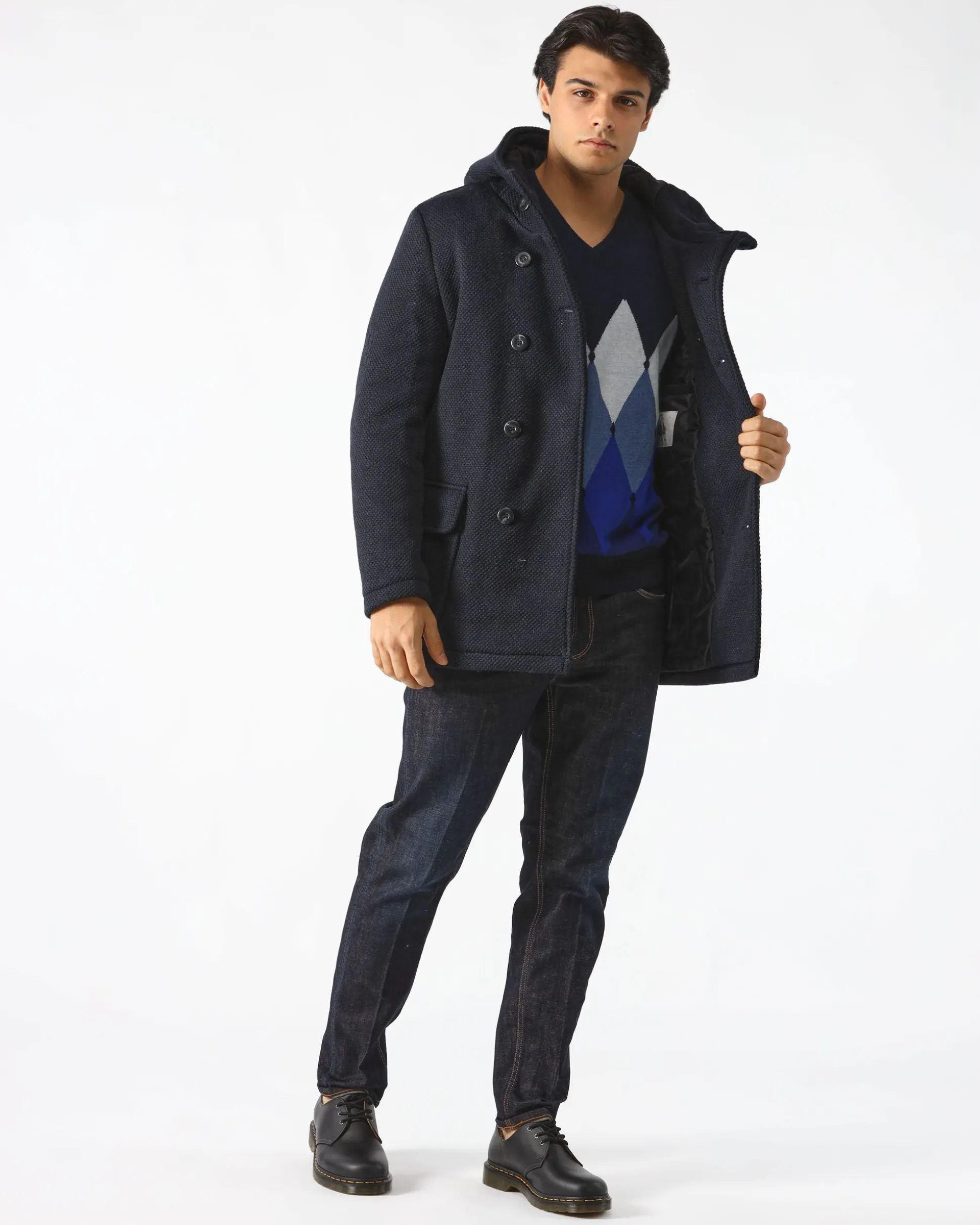 Cappotto Doppiopetto Blu con Cappuccio