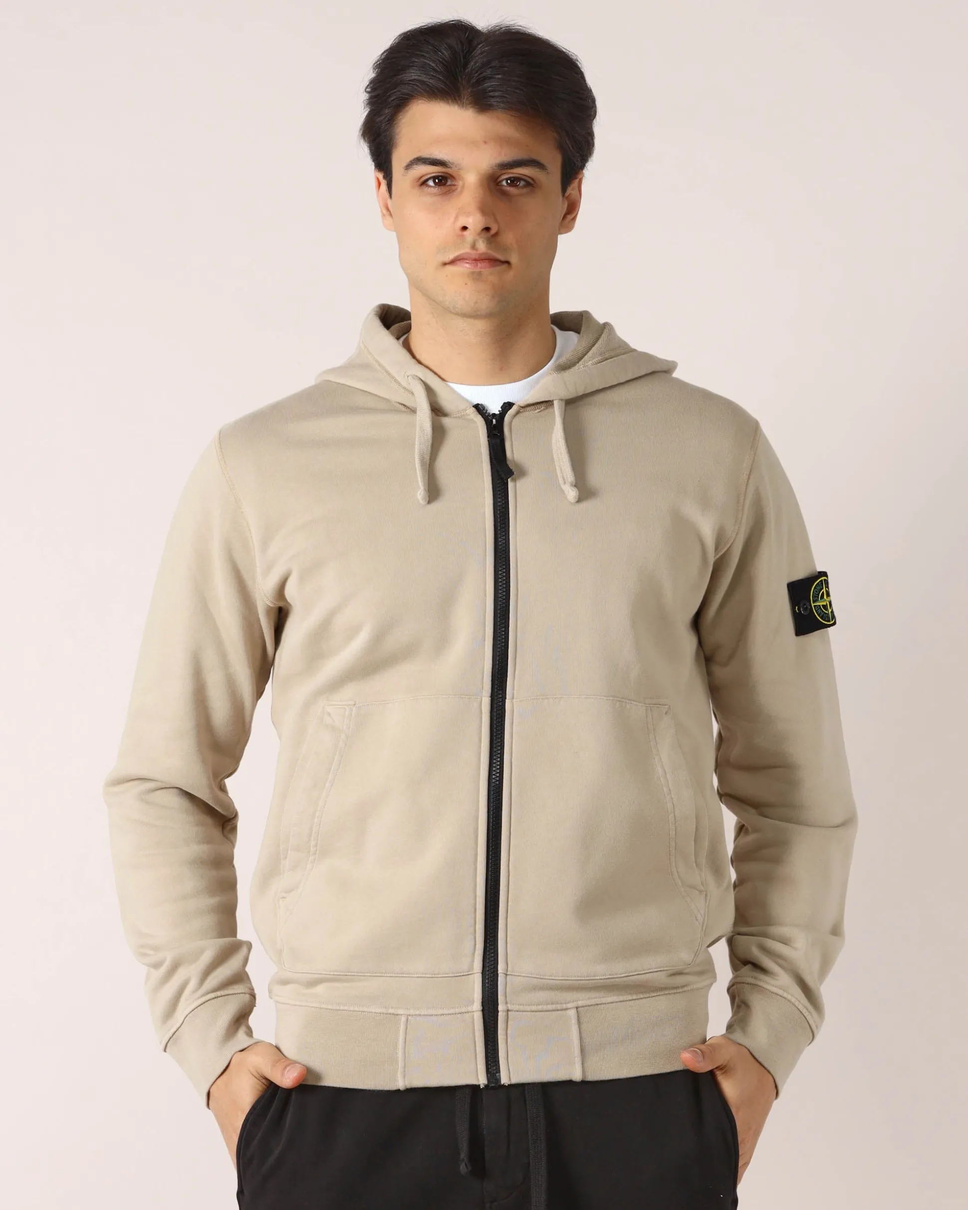 Felpa Beige con Zip e Cappuccio