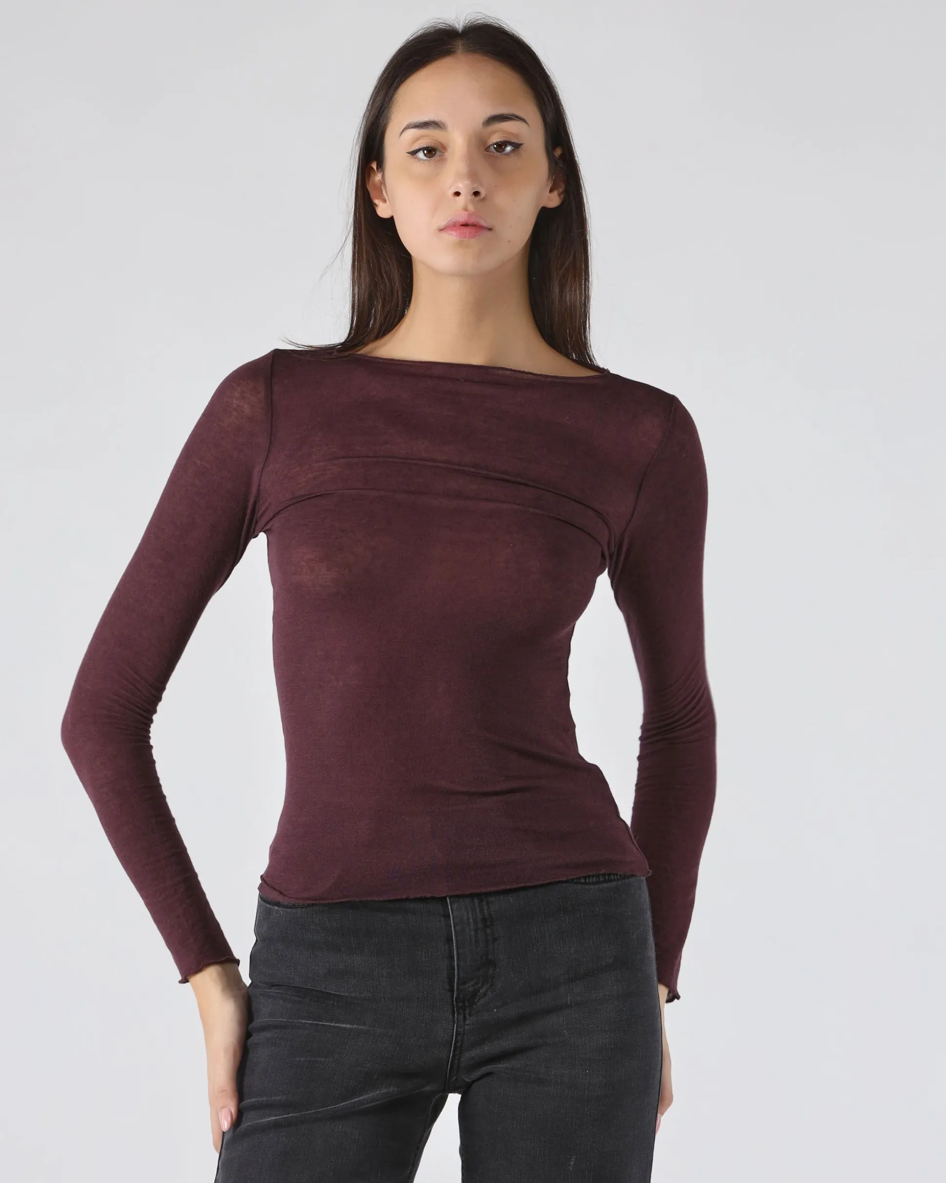 T-Shirt Bordeaux a Maniche Lunghe